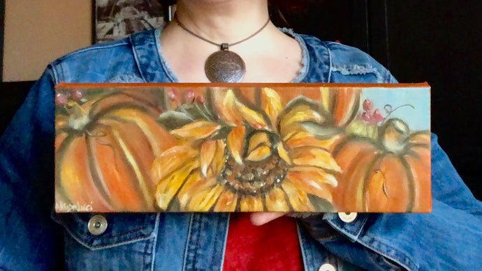 Pumpkins and Sunflowers Original Art 4”x 12”