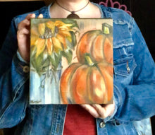 Load image into Gallery viewer, Pumpkins and Sunflowers Original Art 8” x 8”
