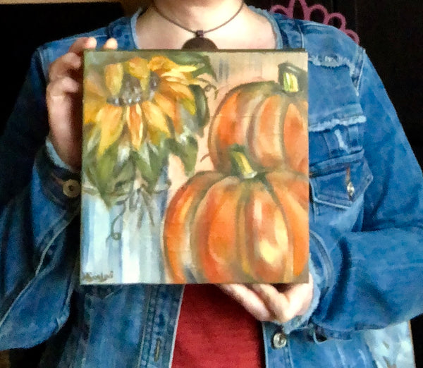 Pumpkins and Sunflowers Original Art 8” x 8”