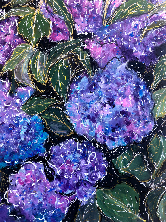 Whimsical Hydrangeas Colorful Original Art 9” x 12”