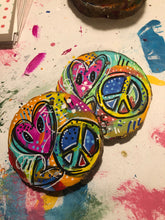 Load image into Gallery viewer, Peace Love &amp; Pig Snout Heart Ornaments Hand Painted on Tree Slices
